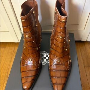 Vince Camuto Brown Crocodile Pattern Ankle Boots With Gold Stud Detail